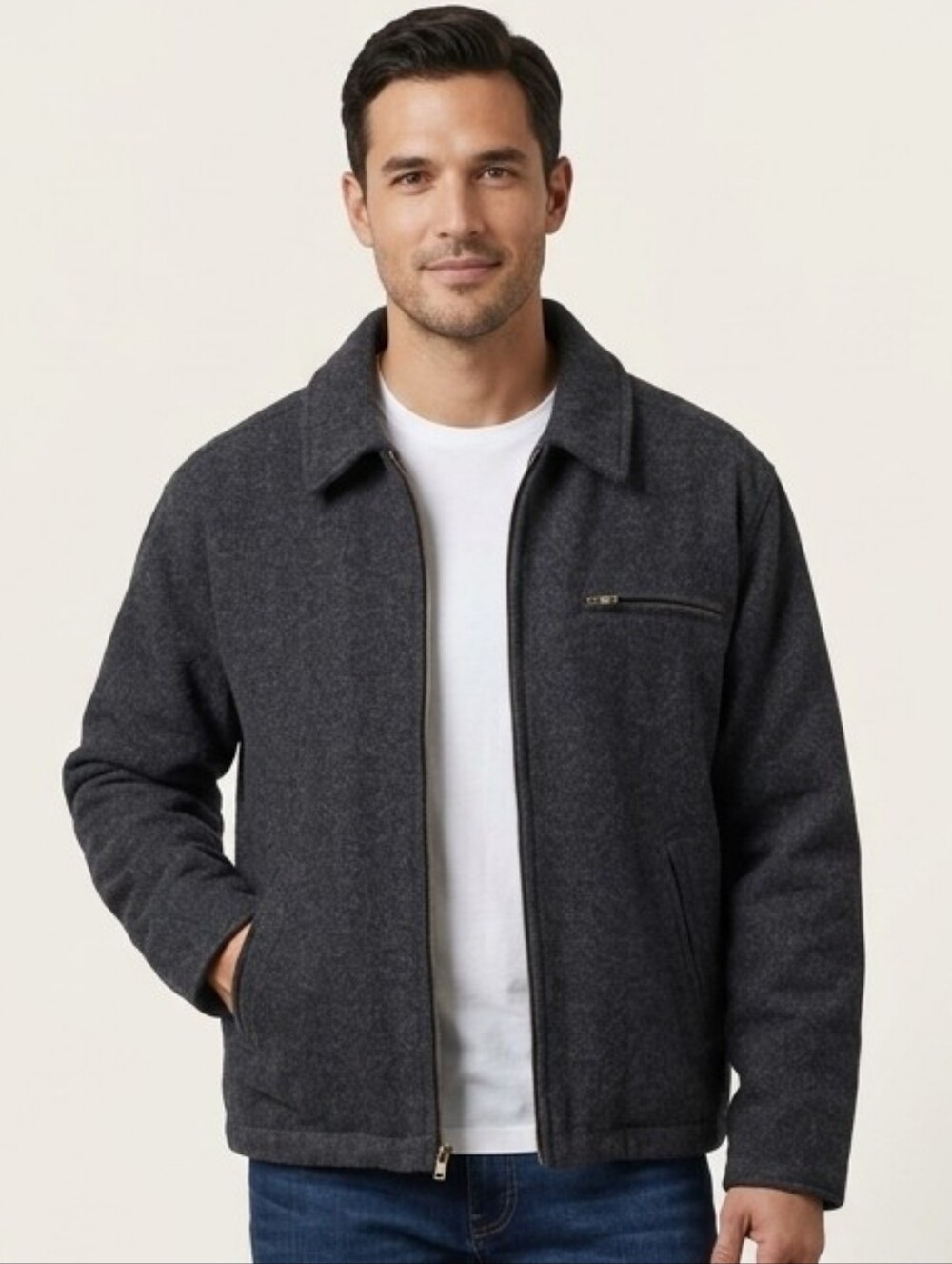 528Vintage 90s Structure Wool Bomber Jacket Charcoal Grey Quilted Lined Men's XL